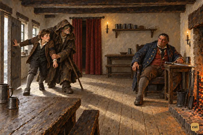 The blind beggar leads Jim into the parlour as the sick captain raises his head