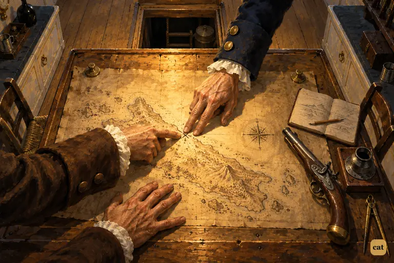 Doctor Livesey points to the stockade on the chart; Captain Smollett's hand joins