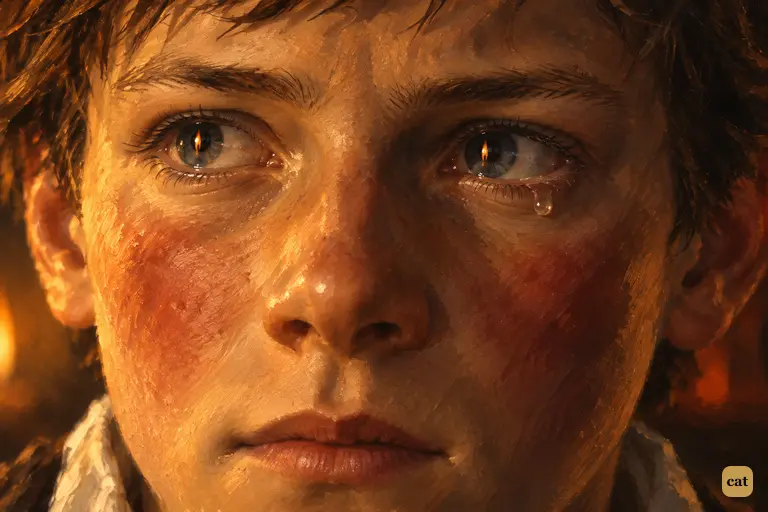 Candle flames tremble in the boy's wide grey eyes, already burning with sea and treasure