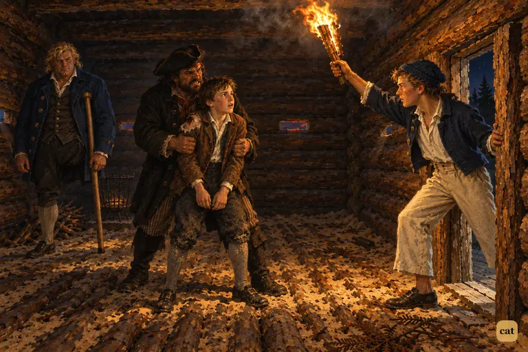 Jim is held in the dark log-house, and a pirate lad steps through the doorway with a burning brand.