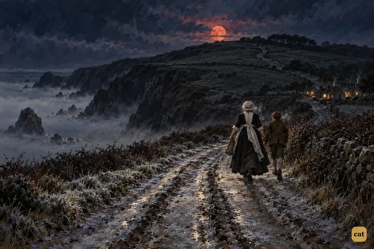 Jim and Mrs. Hawkins walk the frozen road back to the Admiral Benbow under a red moon