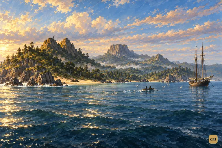 Early morning off the north-east coast of Treasure Island.