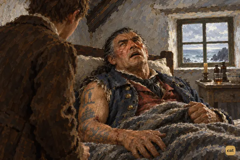Told to lie a week, Billy Bones stares in fear past Jim at the ceiling