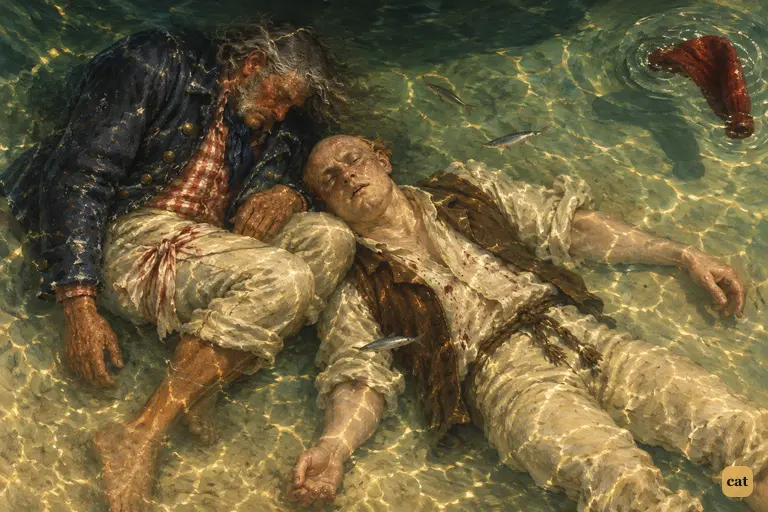 Two dead pirates lie together on bright sand under the clear green water
