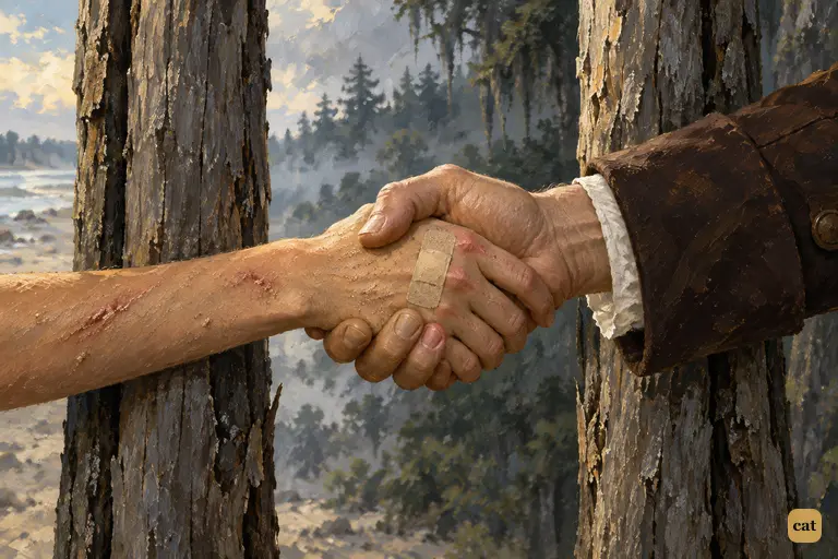 Through a gap in the stakes, the doctor grips Jim's bandaged hand one last time