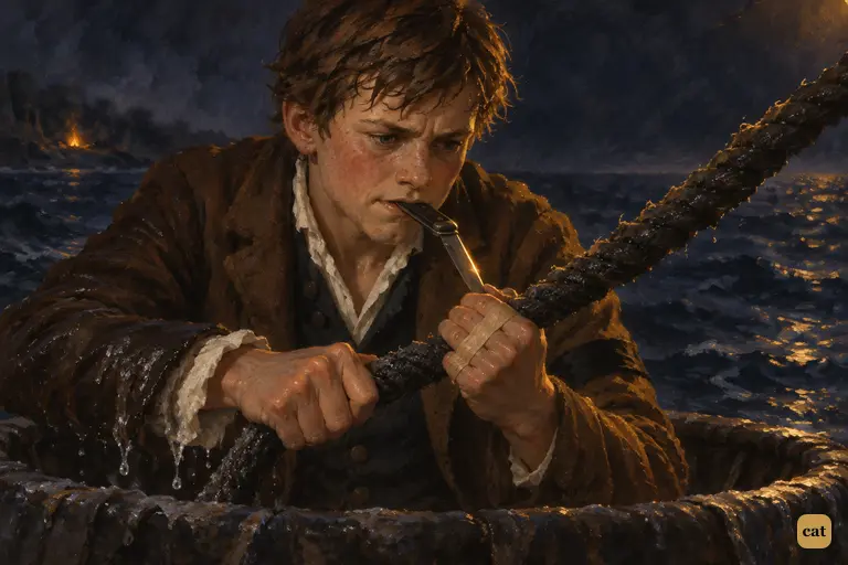 Beside the schooner's slack hawser, Jim Hawkins pulls his gully open with his teeth