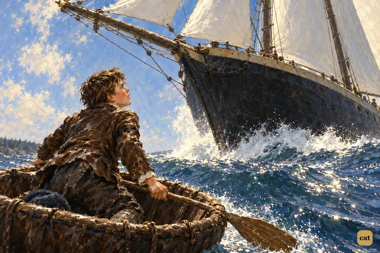 The unsteered Hispaniola swings round and bears down on Jim, towering over his coracle