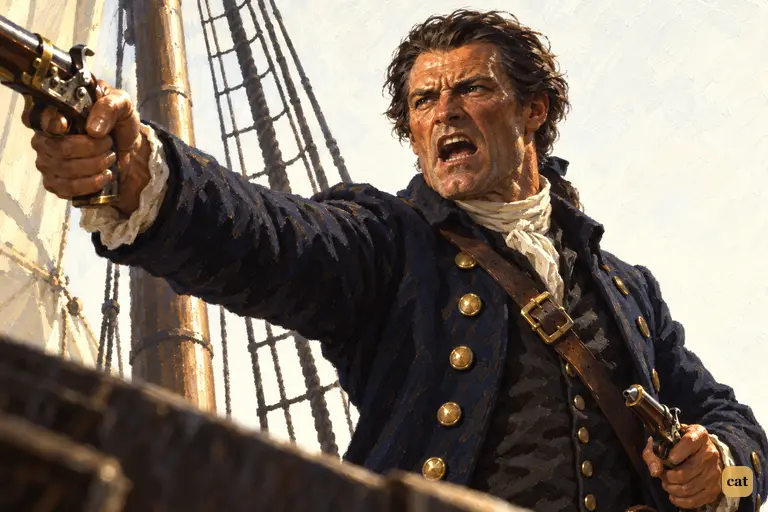 Captain Smollett raises his pistol and drives back a head at the fore hatch