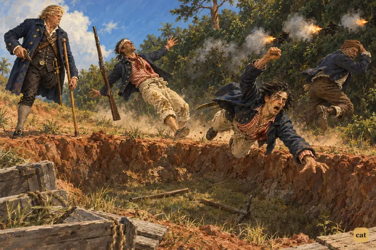 Three musket shots flash from the nutmeg thicket as George Merry raises his arm to charge