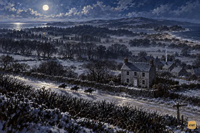 Three riders hurry along the coast road toward Doctor Livesey's dark house at night