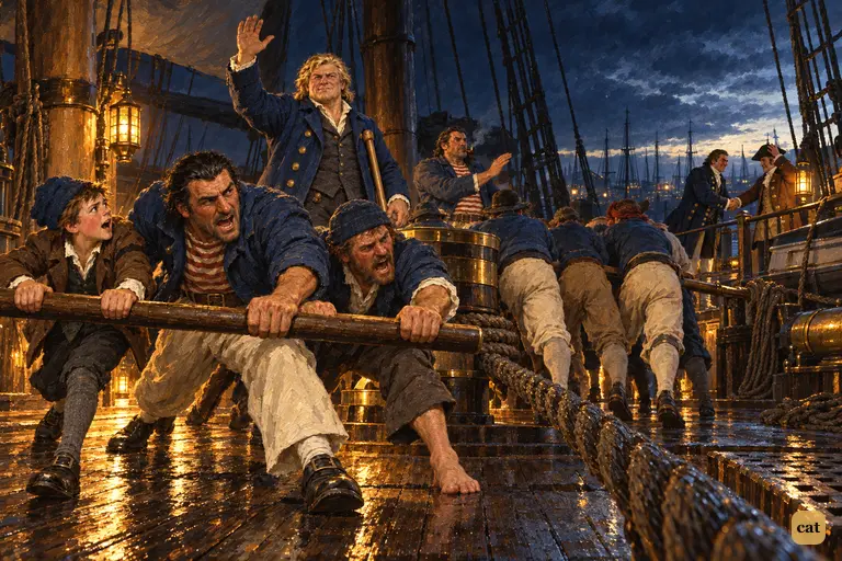 At the third Ho! the crew heave the capstan; Jim joins in as Silver beats time