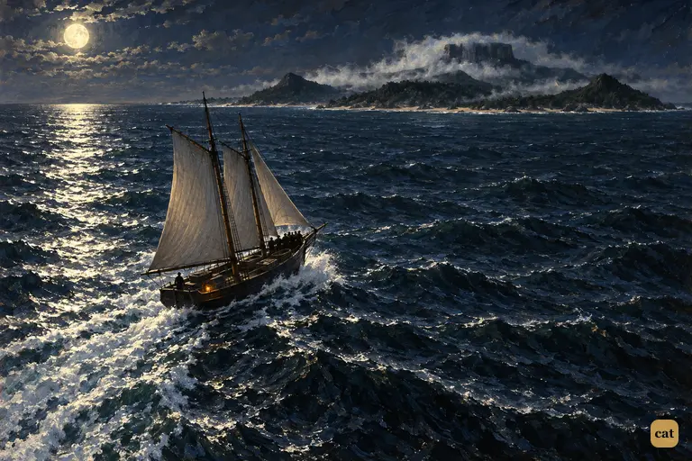 Under full sail by moonlight, the Hispaniola sights Treasure Island and its three hills