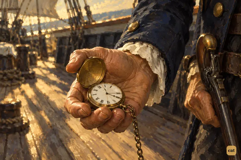 An open watch lies on Captain Smollett's palm, its second hand creeping