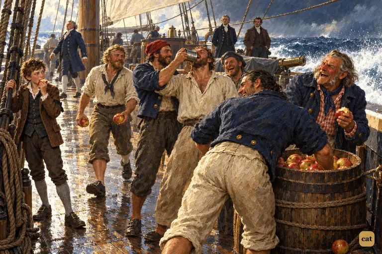 The open apple barrel stands lashed in the Hispaniola's waist as cheerful seamen dip in