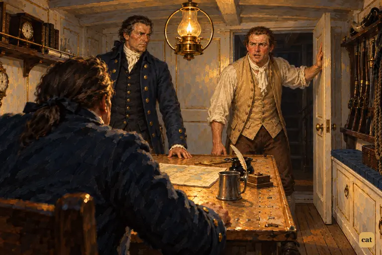 Hunter stands in the cabin doorway with news that Jim has gone ashore