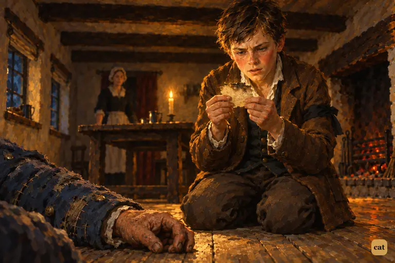 Kneeling by the dead captain, Jim holds the black spot to the candle and reads it