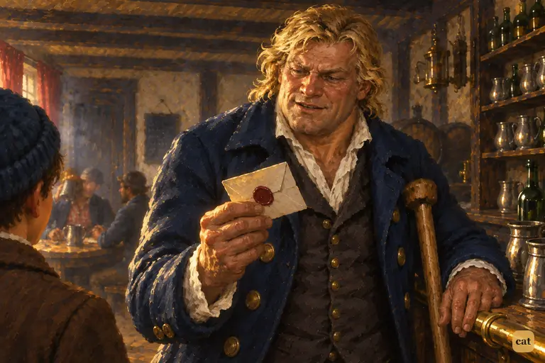 Silver takes Trelawney's note from Jim and goes still; his smile stays, his eyes don't