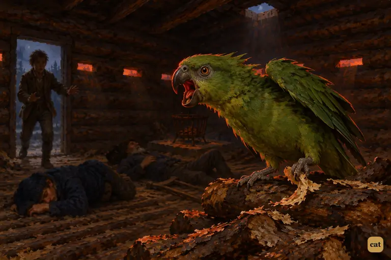 In the pitch-dark log-house, Silver's parrot Captain Flint shrieks from the woodpile