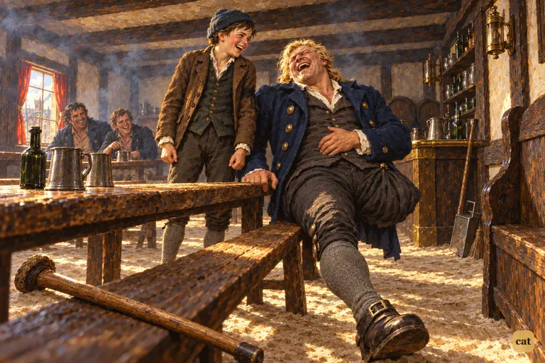 Long John Silver falls on a bench laughing till he cries, and Jim Hawkins laughs with him