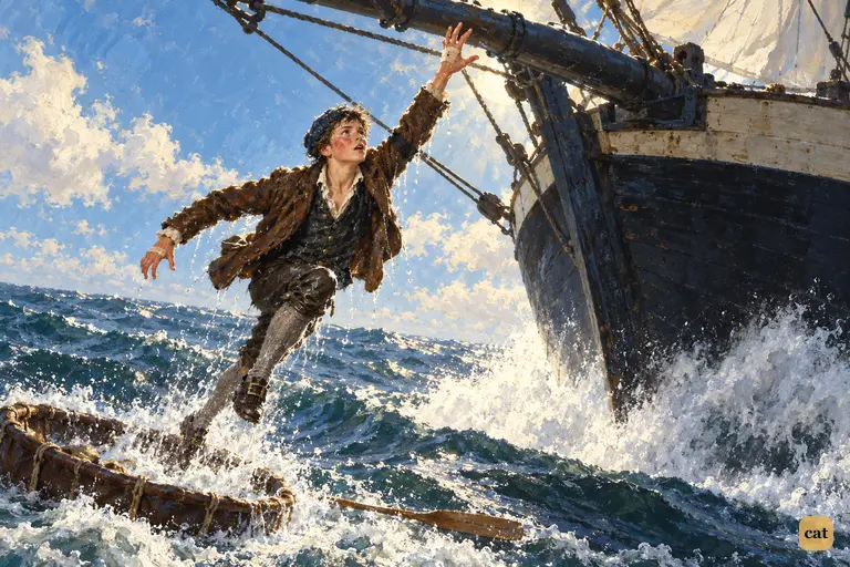 Jim leaps from the sinking coracle at the Hispaniola's jib-boom as her bow stoops on him