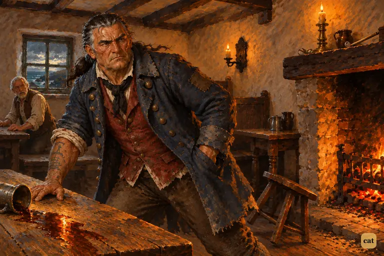 The drunken seaman springs up, knocking over his stool, and fumbles in his coat pocket