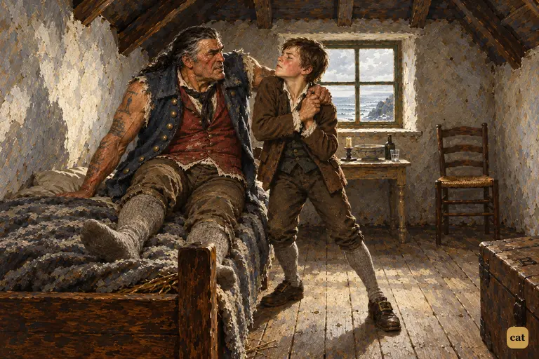 Billy Bones rises from his bed, leaning his whole weight on Jim Hawkins's shoulder
