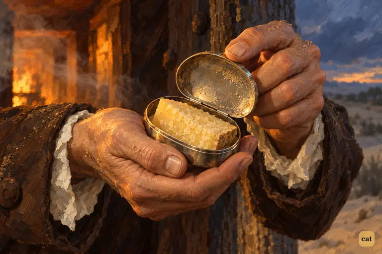 The doctor opens his snuff-box to show the Parmesan he has kept for Ben Gunn