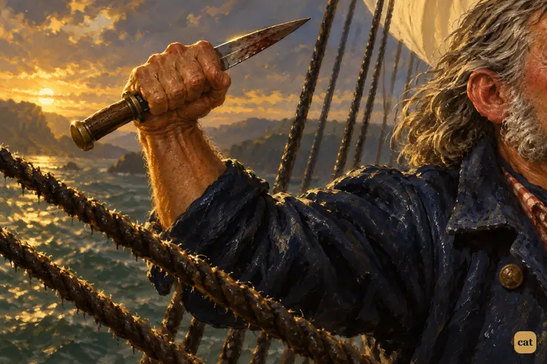 In the tarred shrouds, the coxswain cocks his blood-darkened dirk back over his shoulder