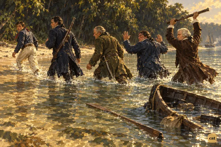 Five soaked men wade ashore as the sunken boat settles behind them