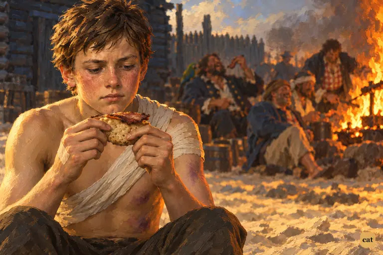 Jim Hawkins sits alone at the edge of the pirates' breakfast.
