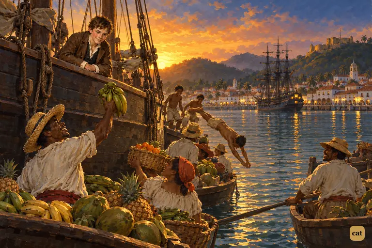 The worn-out schooner drops anchor at sundown in a beautiful land-locked gulf.
