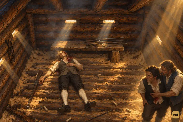 The valet Joyce lies dead beneath his west loophole as dust drifts in shafts of sun