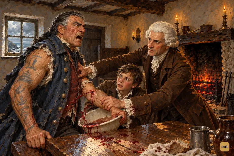 The doctor presses the captain down as he cries for Black Dog; Jim holds the basin