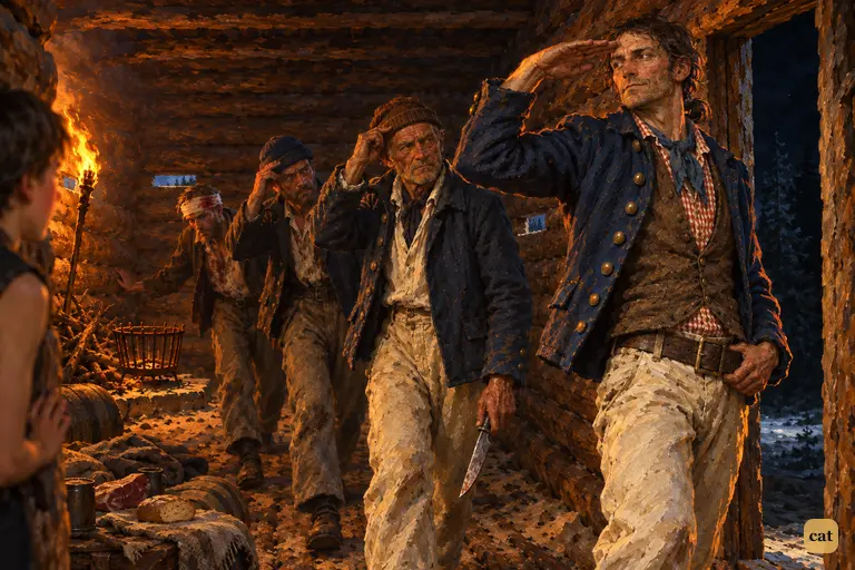 The mutineers leave the torchlit log-house one by one to hold their forecastle council.