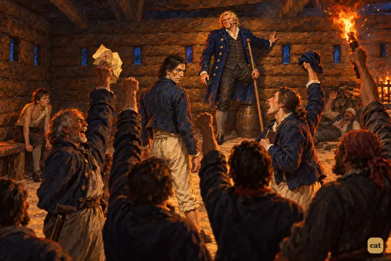 In torchlit Flint's log-house, the mutineers roar for Long John Silver as their captain