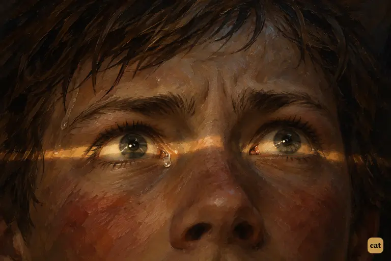Close-up: the boy's wide grey eyes in a chink of light, a tear caught in one corner