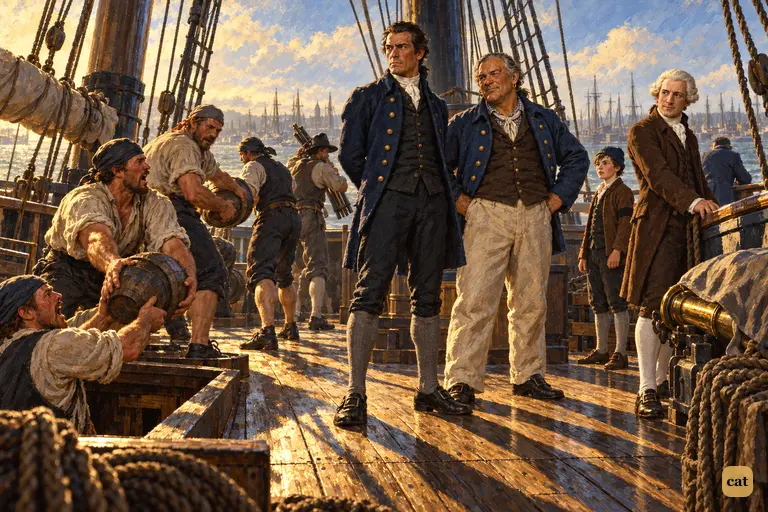 Singing seamen pass powder kegs and muskets aft as Captain Smollett and Mr. Arrow watch