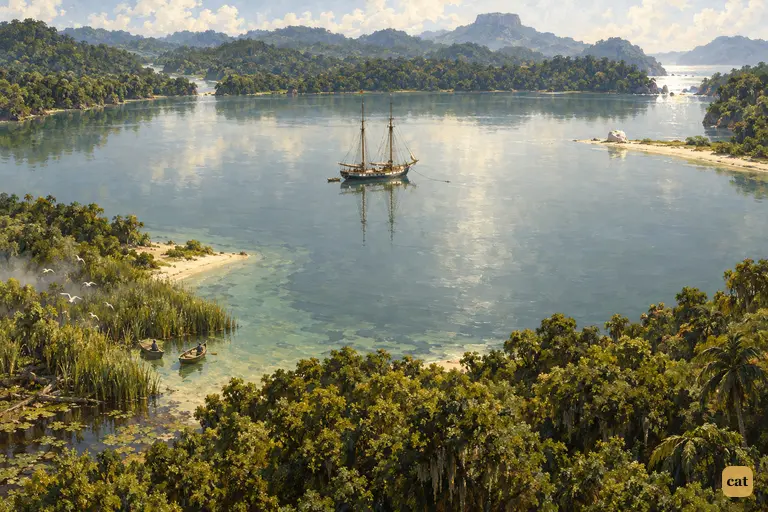 The Hispaniola lies motionless in Captain Kidd's Anchorage, sails furled, no wind