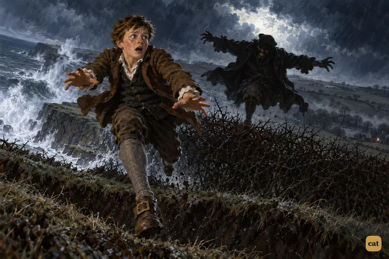 Jim Hawkins runs across a field as the one-legged monster of his dream leaps the hedge