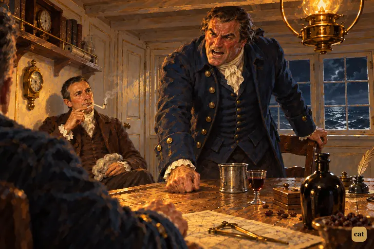 Squire Trelawney shouts in the low cabin while Doctor Livesey watches him