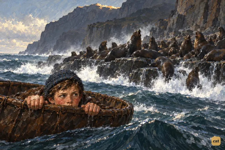 Jim peers from his coracle at two or three score sea lions barking on the rocks