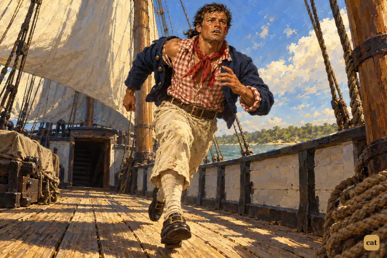 Abraham Gray, knife cut on his cheekbone, runs from the fore hatch to the captain