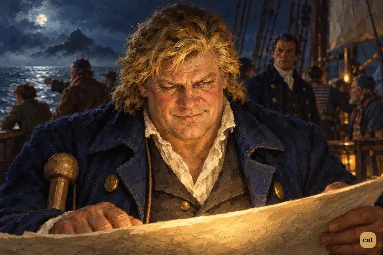 Long John Silver takes the captain's chart, eyes burning with greed behind his half-smile
