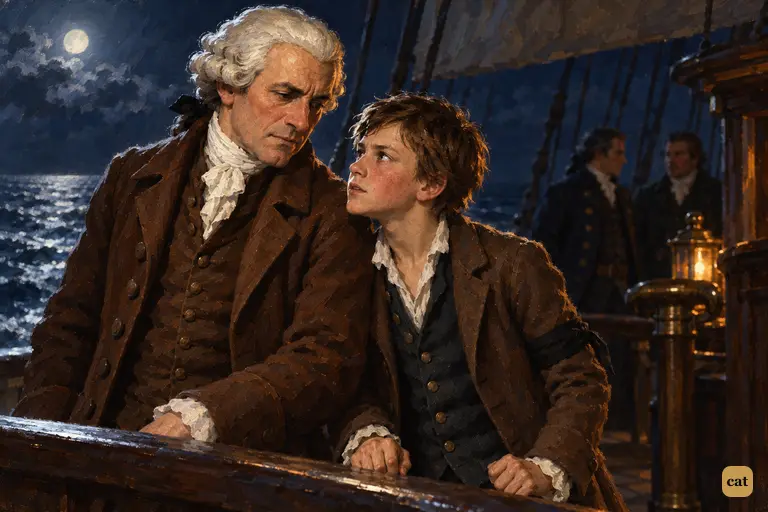 Jim whispers his terrible news to Doctor Livesey at the Hispaniola's rail