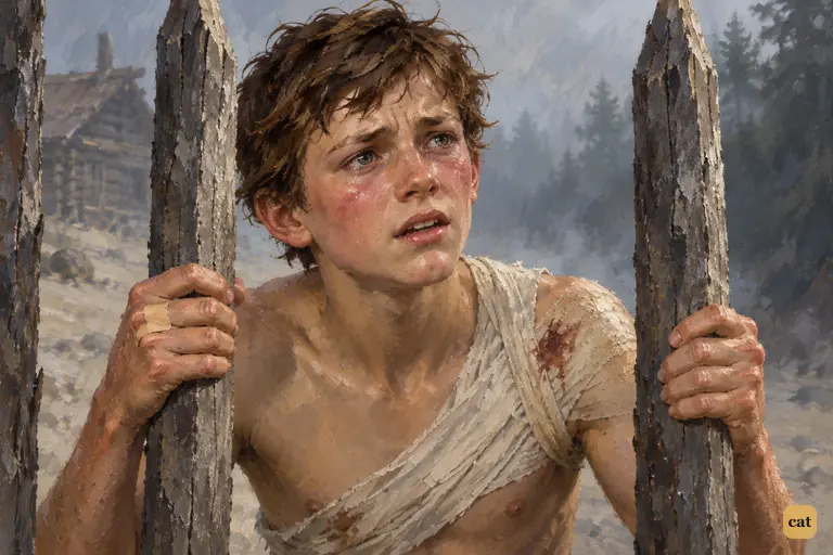 At the stockade paling on a cold, misty morning, Jim's courage breaks.