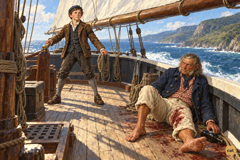 Jim Hawkins steers the Hispaniola before a fair wind along the coast of Treasure Island