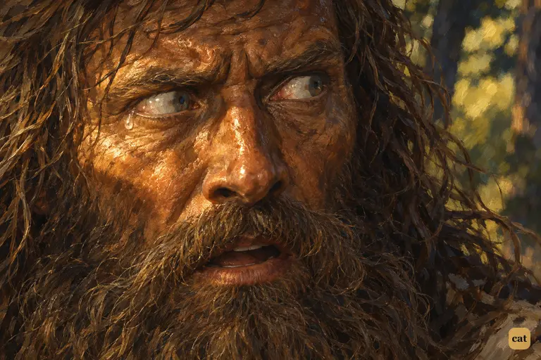 Close-up of Ben Gunn whispering his three-year secret, eyes slanted to the wood