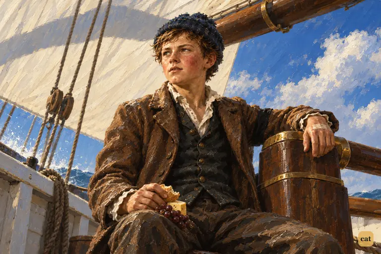 Seated by the rudder head, Jim Hawkins tells Israel Hands he has come to take the ship
