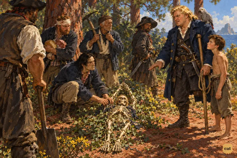 Beneath Flint's pine, Long John Silver compares the six living buccaneers to Flint's six dead men.
