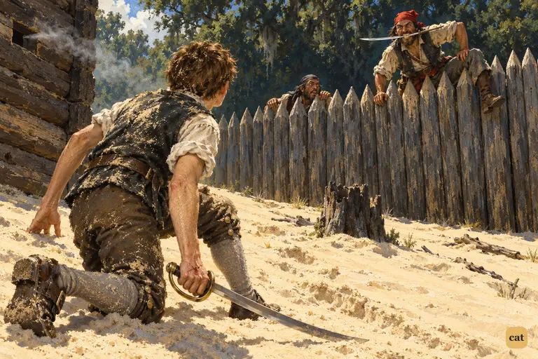 Jim scrambles up out of the sand after his fall.